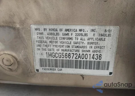 2002 Honda Accord 2.3 Ex из США, поврежденный, VIN 1HGCG56672A001436